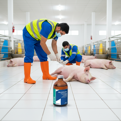 meloxisan-analgesico-antiinflamatorio-gastroenteritis-porcina-vet-scrubs-azules-inyectando-cerdo-frasco