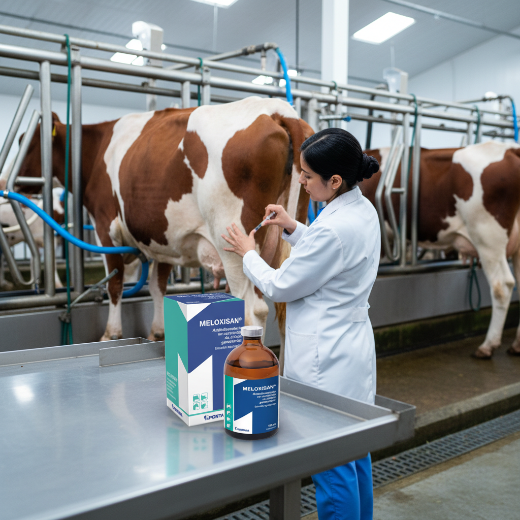 meloxisan-analgesico-antiinflamatorio-mastitis-vet-tratando-ubre-inflamada-lecheria-frasco-estante-acero
