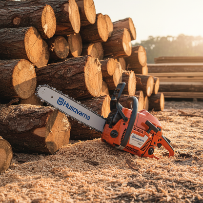 motosierra-husqvarna-353-apoyada-pila-madera-patio-ecuador