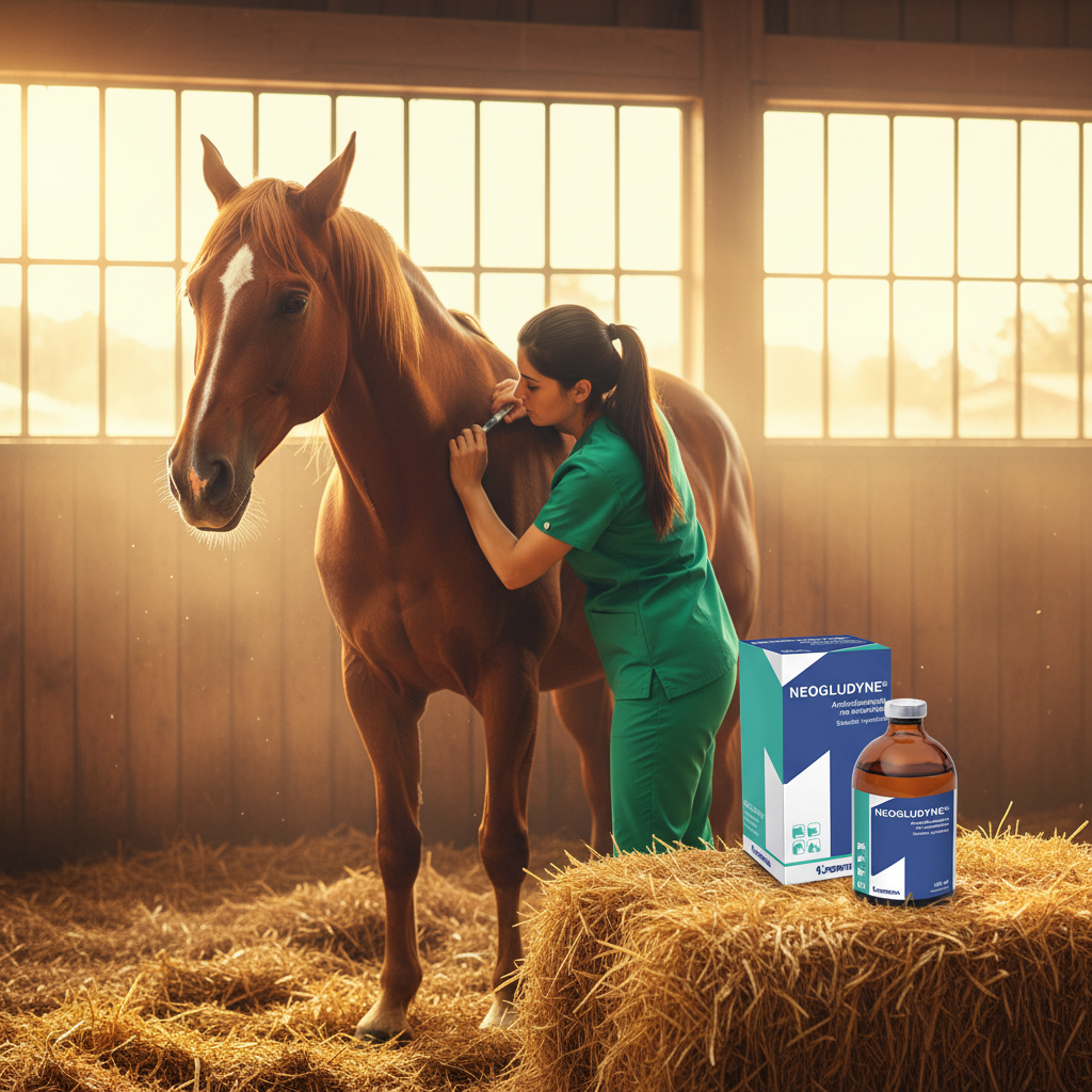 neogludyne-antiinflamatorio-colico-equino-establo-vet-inyectando-caballo-frasco-caja-paca-luz-dorada