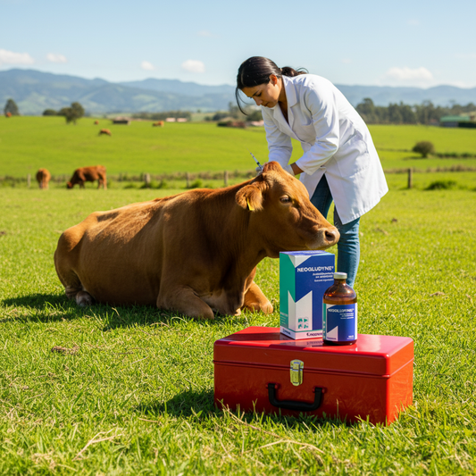 neogludyne-antiinflamatorio-inflamacion-articular-bovina-vet-inyectando-vaca-frasco-caja-roja-sol