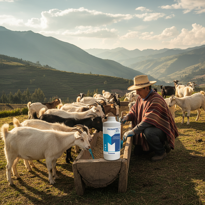 prosantel-10-caprinos-agricultor-mezclando-dosis-comedero-cabras-acercandose-montanas-andinas-ecuador
