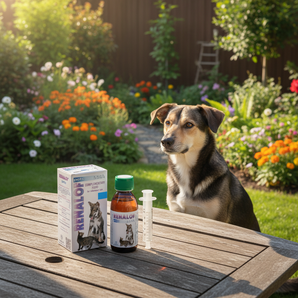 renalof-pets-frasco-ambar-perros-patio-hogar-ecuador