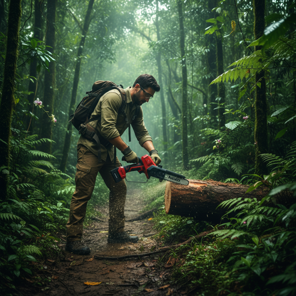 sierra-ducati-dhc450s-bosque-nublado-hombre-cortando-tronco-caido-sendero-selva-tropical-ecuador