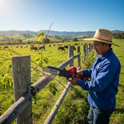 sierra-ducati-dhc450s-cerca-ganadera-agricultor-podando-ramas-postes-colinas-ganado-ecuador