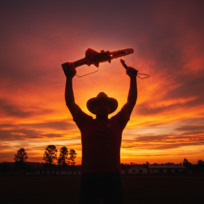sierra-ducati-dhc450s-silueta-heroica-agricultor-levantando-sierra-cielo-naranja-rojo-atardecer