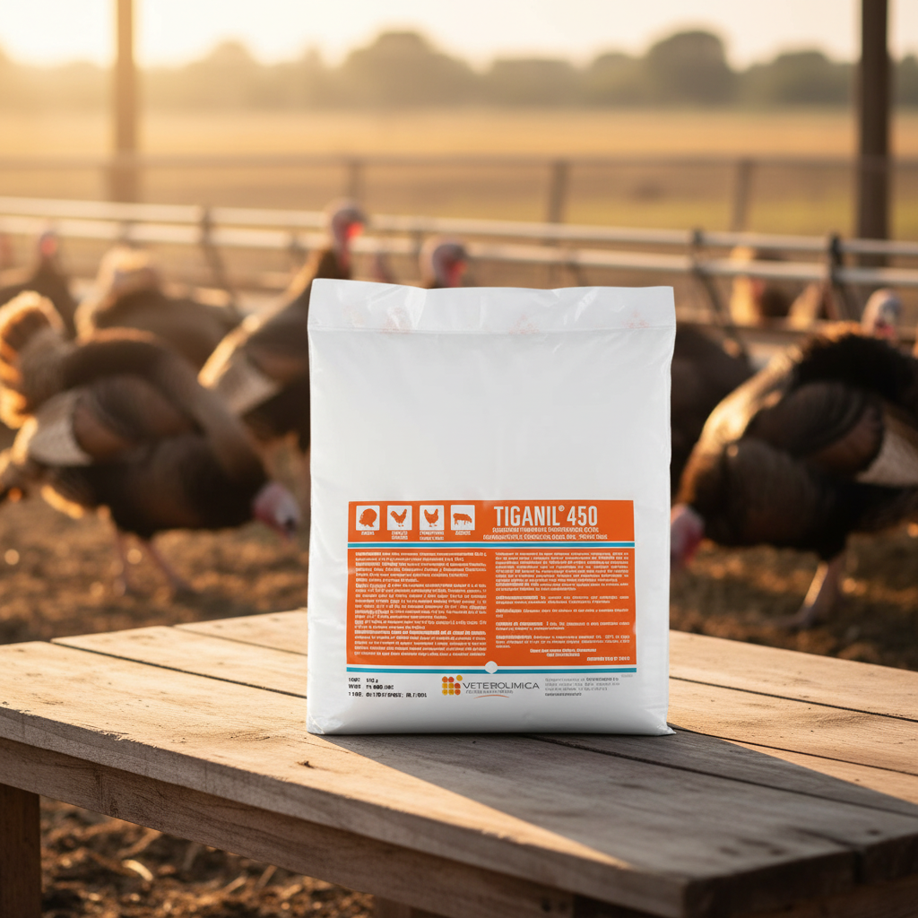 tiganil-450-oral-atardecer-bolsa-granja-pavos-sanos-luz-dorada-ecuador