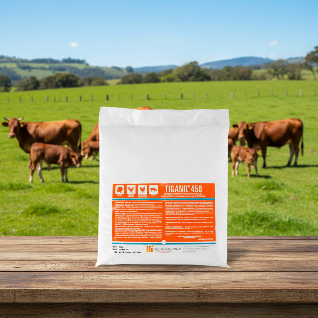tiganil-450-oral-ganaderia-bolsa-mesa-rustica-vacas-terneros-potrero-verde-ecuador