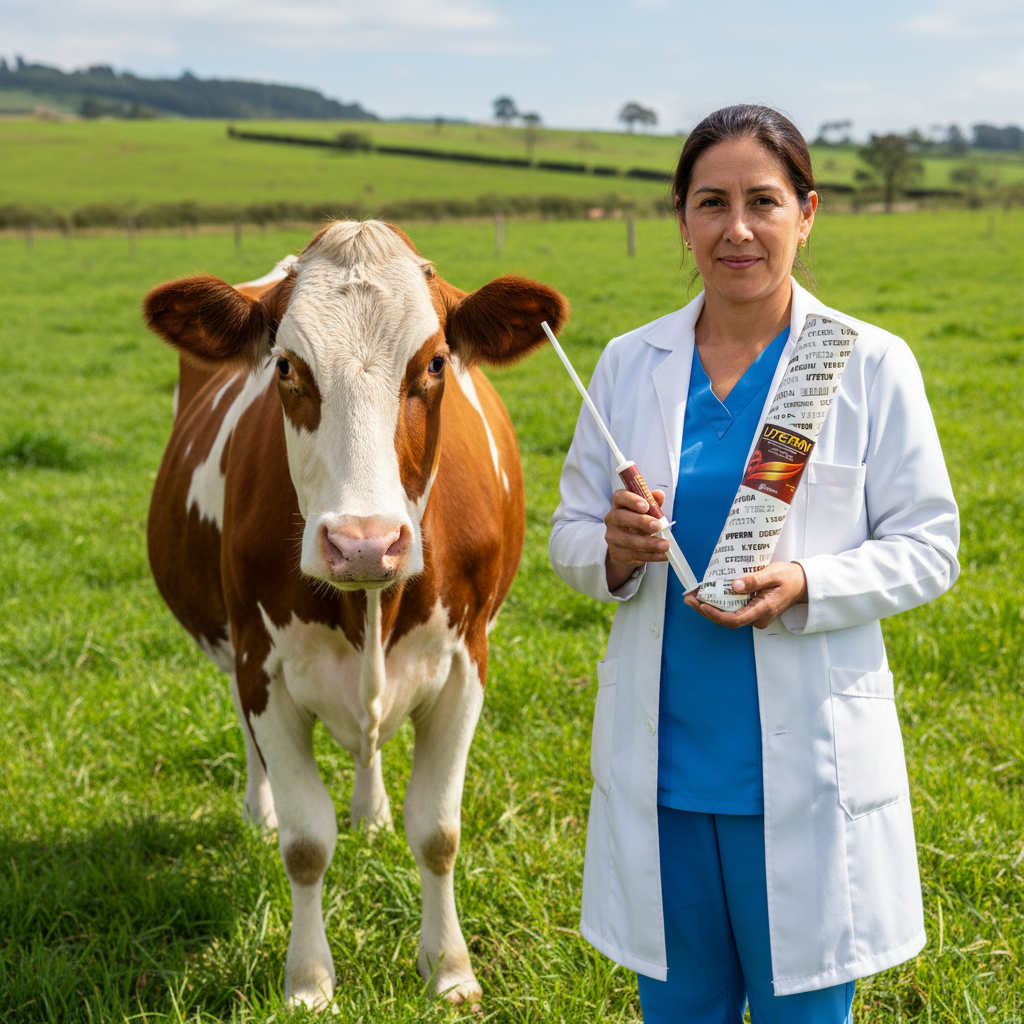 uterin-vaca-recuperada-vet-sosteniendo-jeringa-tubo-junto-vaca-sana-pelaje-brillante-potrero-verde