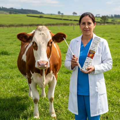 uterin-vaca-recuperada-vet-sosteniendo-jeringa-tubo-junto-vaca-sana-pelaje-brillante-potrero-verde