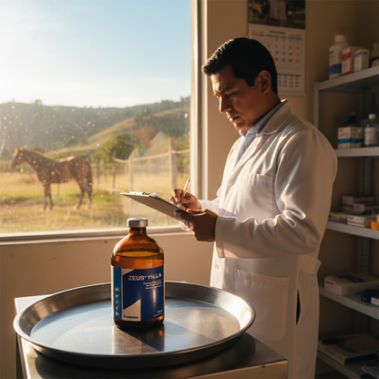 zeus-1-la-clinica-rural-frasco-bandeja-veterinario-revisando-historial-caballo-ventana-ecuador